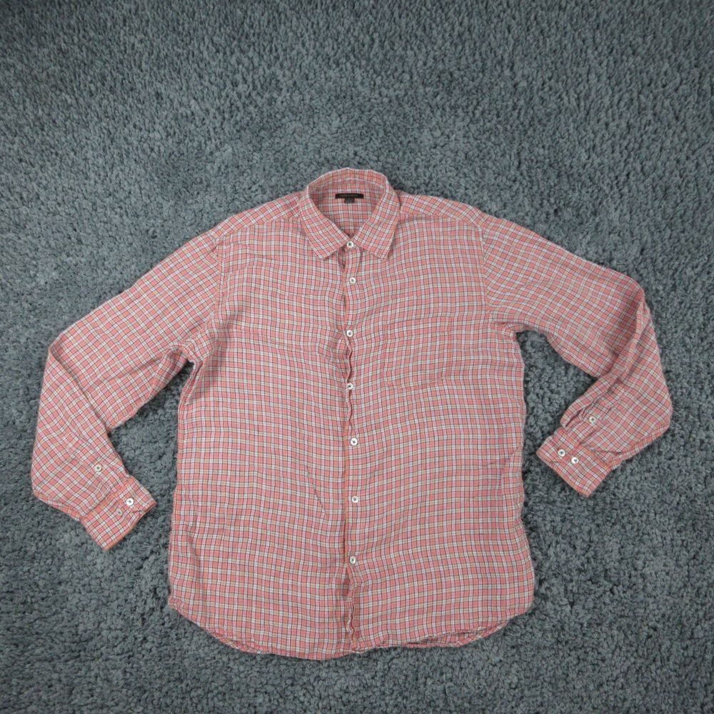 Martin Gordon Shirt Mens Large Pink Orange Blue Plaid Linen Long Sleeve